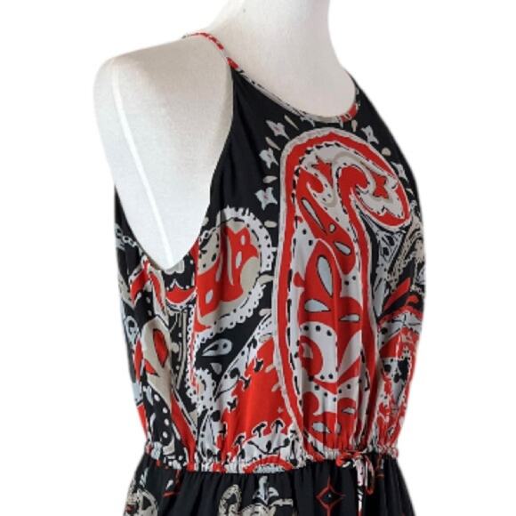 LOFT Midi Dress Halter Neck Blouson Tie Waist Chiffon Black Red Women’s Large - Picture 6 of 10